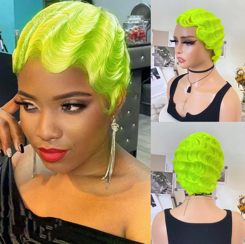 WIGERA Fluorescent Green Finger Wave Wig Synthetic Color Short Curly Wigs For Women Nuna 1920s Cosplay Halloween Party Daily Use