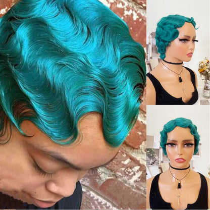 WIGERA Fluorescent Green Finger Wave Wig Synthetic Color Short Curly Wigs For Women Nuna 1920s Cosplay Halloween Party Daily Use