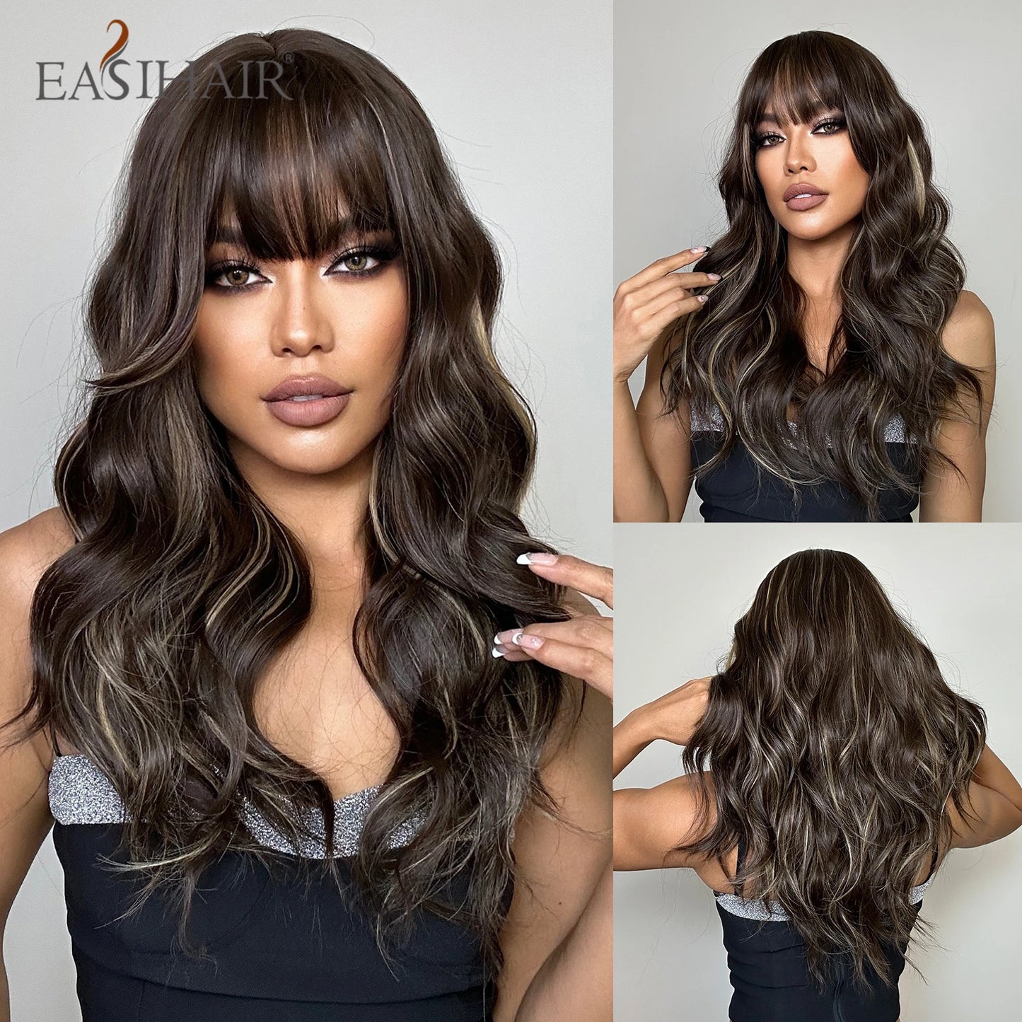 EASIHAIR Brown Mixed Blonde Long Curly Wave Synthetic Wig with Bang for Black Afro Women Daily Cosplay Party Heat Resistant Hair