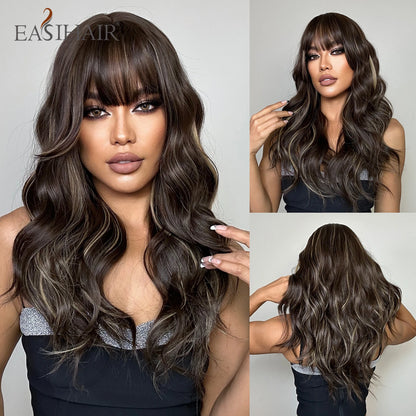 EASIHAIR Brown Mixed Blonde Long Curly Wave Synthetic Wig with Bang for Black Afro Women Daily Cosplay Party Heat Resistant Hair