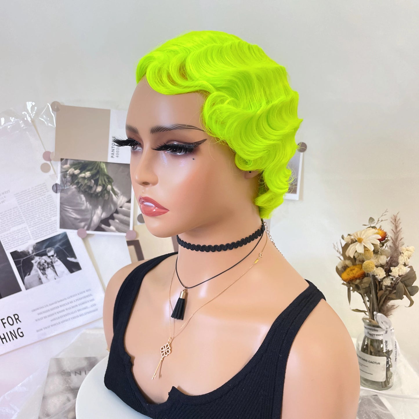 WIGERA Fluorescent Green Finger Wave Wig Synthetic Color Short Curly Wigs For Women Nuna 1920s Cosplay Halloween Party Daily Use