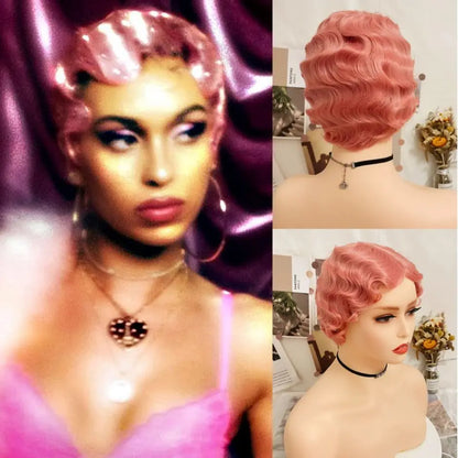WIGERA Fluorescent Green Finger Wave Wig Synthetic Color Short Curly Wigs For Women Nuna 1920s Cosplay Halloween Party Daily Use
