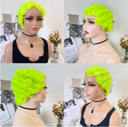 WIGERA Fluorescent Green Finger Wave Wig Synthetic Color Short Curly Wigs For Women Nuna 1920s Cosplay Halloween Party Daily Use