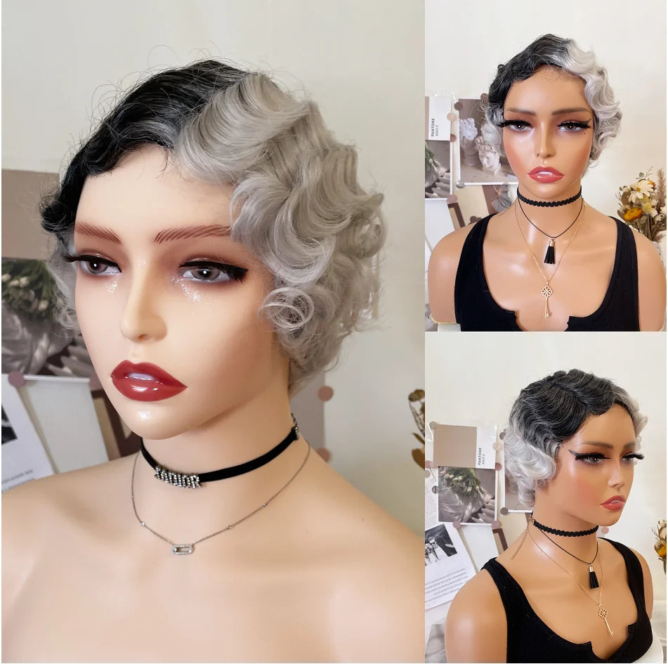 WIGERA Fluorescent Green Finger Wave Wig Synthetic Color Short Curly Wigs For Women Nuna 1920s Cosplay Halloween Party Daily Use
