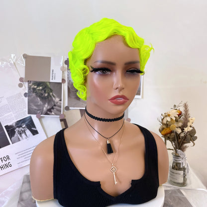 WIGERA Fluorescent Green Finger Wave Wig Synthetic Color Short Curly Wigs For Women Nuna 1920s Cosplay Halloween Party Daily Use