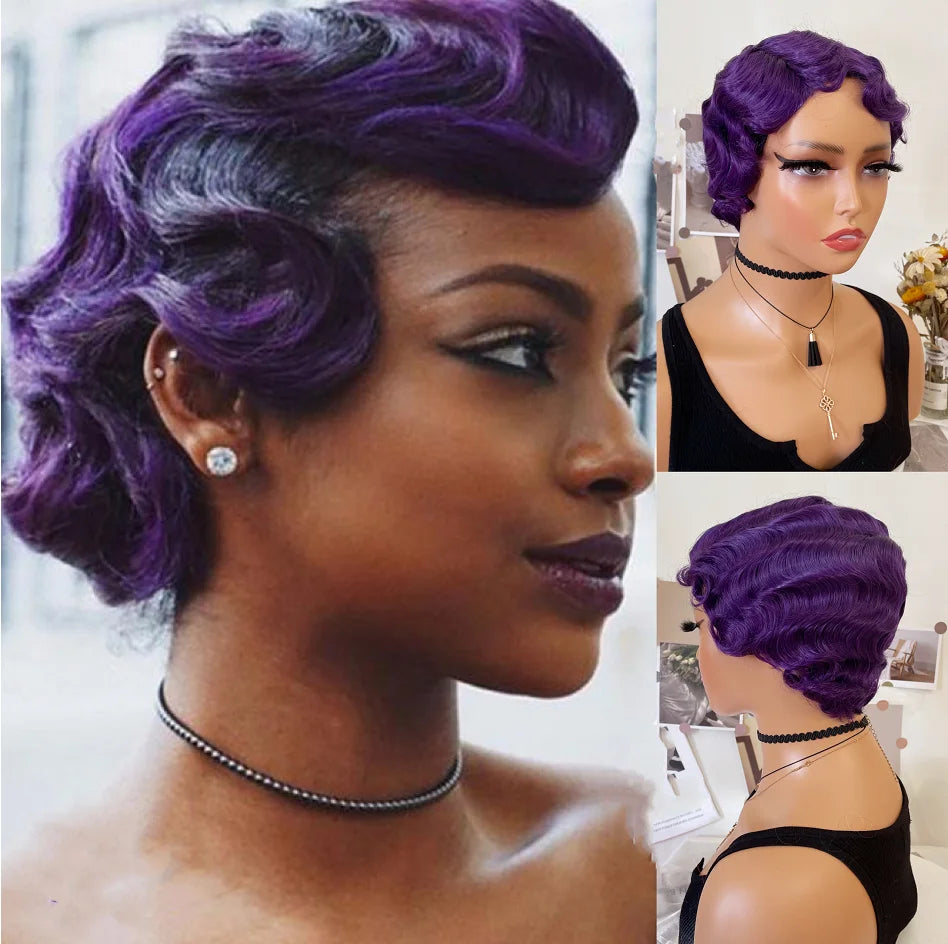 WIGERA Fluorescent Green Finger Wave Wig Synthetic Color Short Curly Wigs For Women Nuna 1920s Cosplay Halloween Party Daily Use