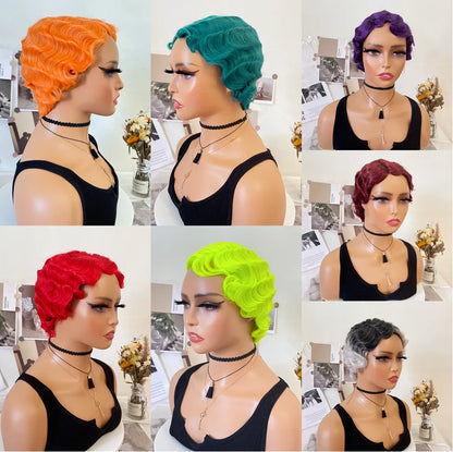 WIGERA Fluorescent Green Finger Wave Wig Synthetic Color Short Curly Wigs For Women Nuna 1920s Cosplay Halloween Party Daily Use