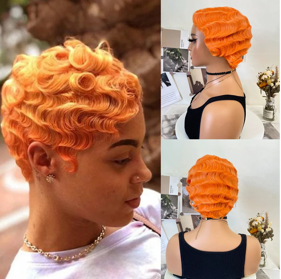 WIGERA Fluorescent Green Finger Wave Wig Synthetic Color Short Curly Wigs For Women Nuna 1920s Cosplay Halloween Party Daily Use