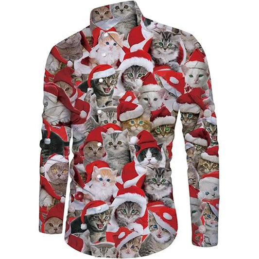 Mens Slim Fit Christmas Button Down Shirts 3D Print Novelty Festival Oversized Long Sleeve Xmas Shirts For Men Hawaii Blouse
