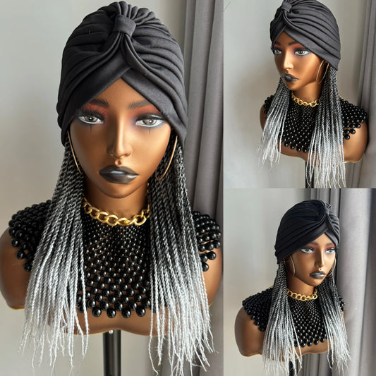 WIGERA Medium Ombre Black Gray Headband Twist Braided Synthetic Wig With Turban Braiding Hair Extensions Head Scarf  For Women