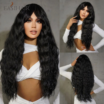 EASIHAIR Brown Mixed Blonde Long Curly Wave Synthetic Wig with Bang for Black Afro Women Daily Cosplay Party Heat Resistant Hair