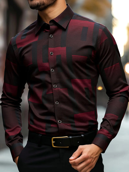 Men's Slim Fit Geometric Print Shirt Machine Washable, Classic Collar & Button-Up Front, All-Season Versatile Office Casual Wear