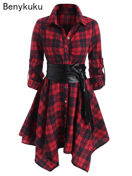 Gothic Casual Dress Women Red Plaid Belted Roll Tab Sleeve Handkerchief Dress Vestidos Autumn Long Sleeve A-Line Party Dress