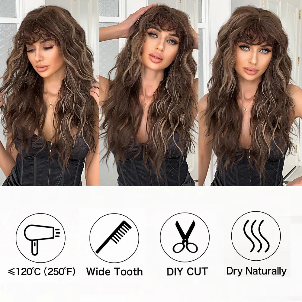 EASIHAIR Brown Mixed Blonde Long Curly Wave Synthetic Wig with Bang for Black Afro Women Daily Cosplay Party Heat Resistant Hair