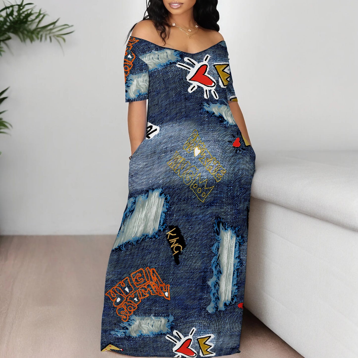 Women's Fashion  Printed Short Sleeve Long Summer Dress Sexy Off Shoulder Backless