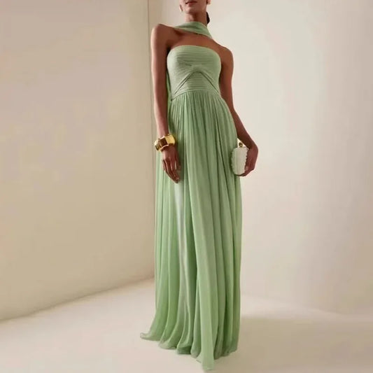 Women Sexy Fashion Backless Pleated Dresses Elegant Simple Casual Green Waist Chiffon Chic Evening Gown 2025 New Women Clothing