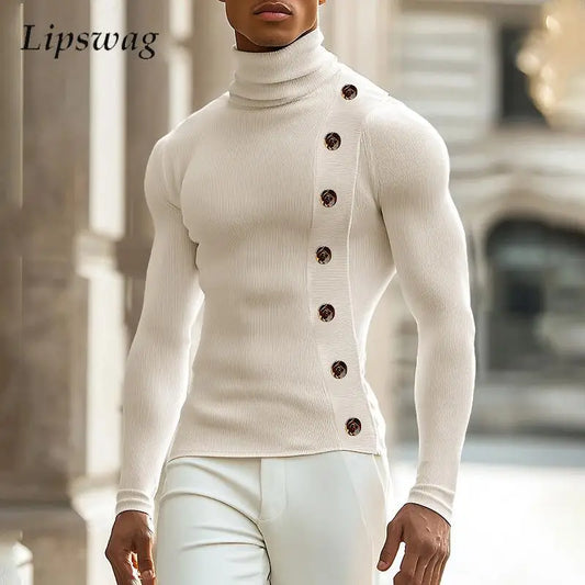 Stretch Slim Fit Bottoming T Shirts Mens Spring Trendy Irregular Button Design T-shirts Fashion Solid Color Men Turtleneck Tees