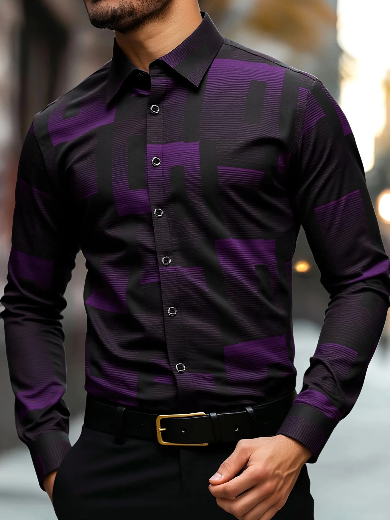 Men's Slim Fit Geometric Print Shirt Machine Washable, Classic Collar & Button-Up Front, All-Season Versatile Office Casual Wear