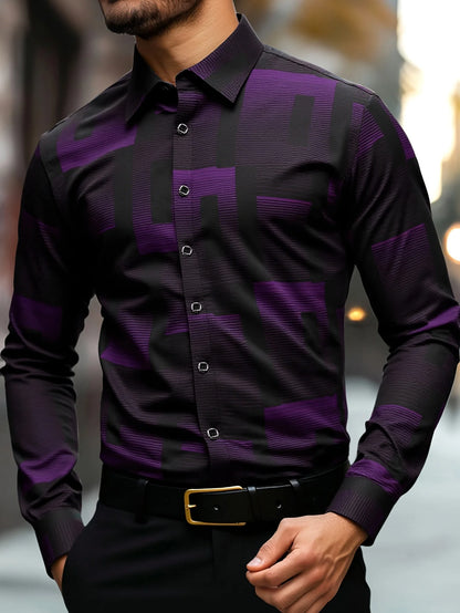 Men's Slim Fit Geometric Print Shirt Machine Washable, Classic Collar & Button-Up Front, All-Season Versatile Office Casual Wear