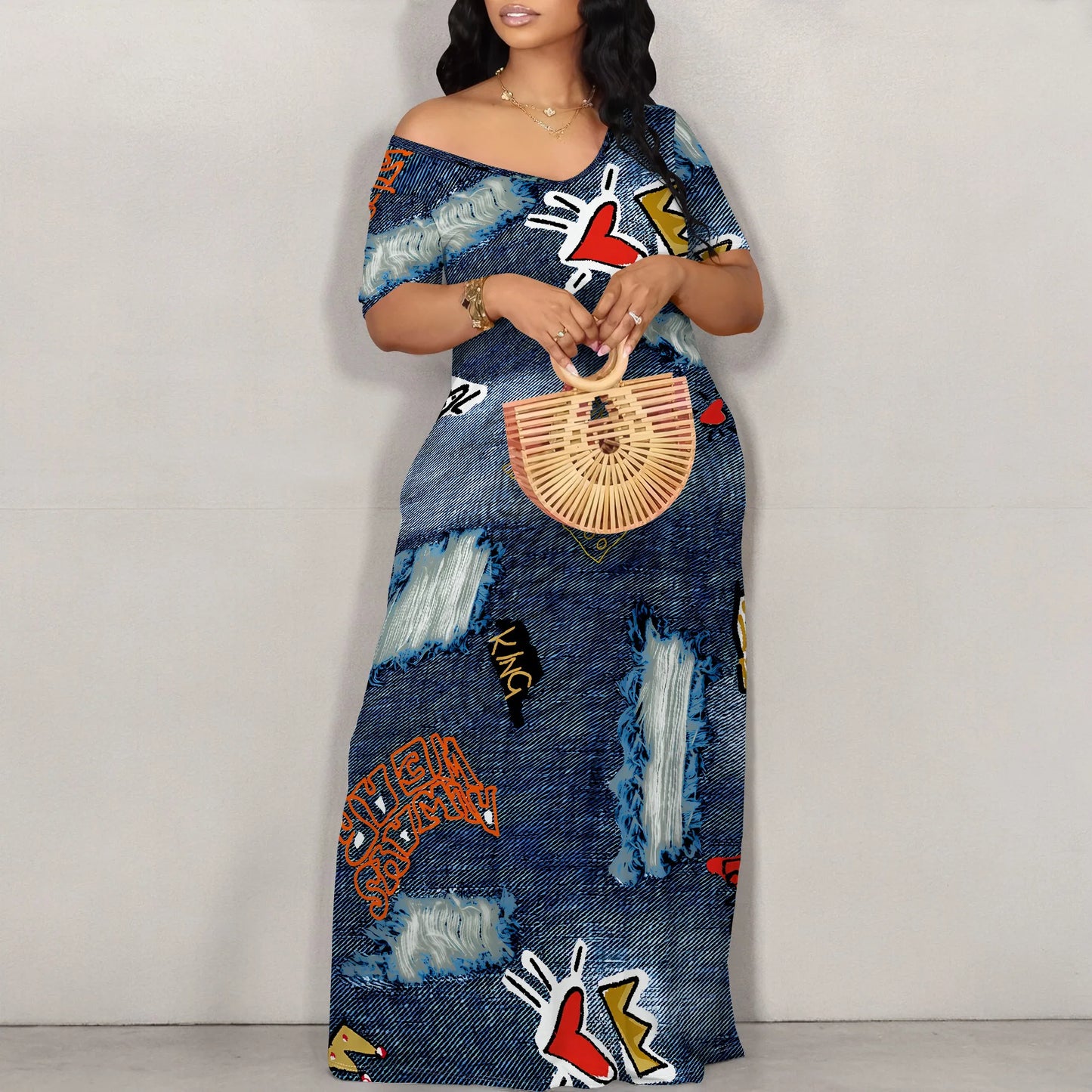 Women's Fashion  Printed Short Sleeve Long Summer Dress Sexy Off Shoulder Backless