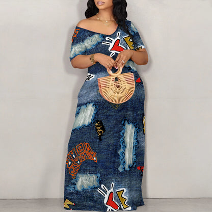 Women's Fashion  Printed Short Sleeve Long Summer Dress Sexy Off Shoulder Backless