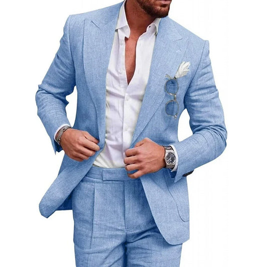 Mens Linen Suit for Beach Wedding Slim Fit 2 Piece Wedding Tuxedo for Men Casual Linen Suit Prom Party Suit
