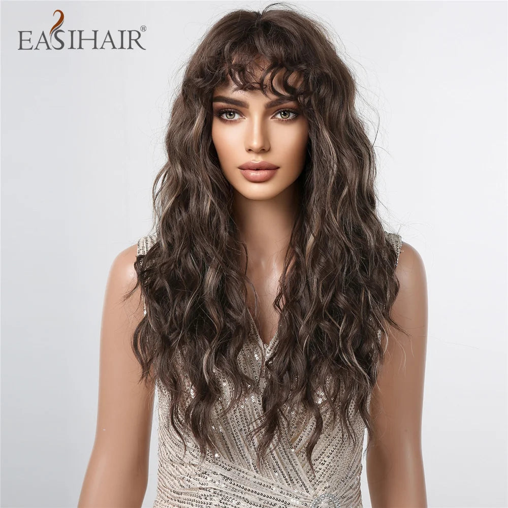 EASIHAIR Brown Mixed Blonde Long Curly Wave Synthetic Wig with Bang for Black Afro Women Daily Cosplay Party Heat Resistant Hair