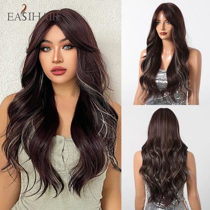 EASIHAIR Brown Mixed Blonde Long Curly Wave Synthetic Wig with Bang for Black Afro Women Daily Cosplay Party Heat Resistant Hair