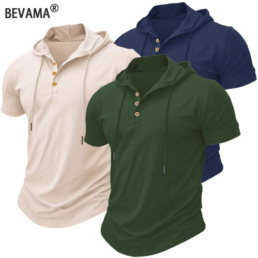 Men T Shirts  Summer Slim Fitness Hooded Short-Sleeved Bodybuilding Quick Dry Tshirt Male Gym Clothes Breathable Sports Tops