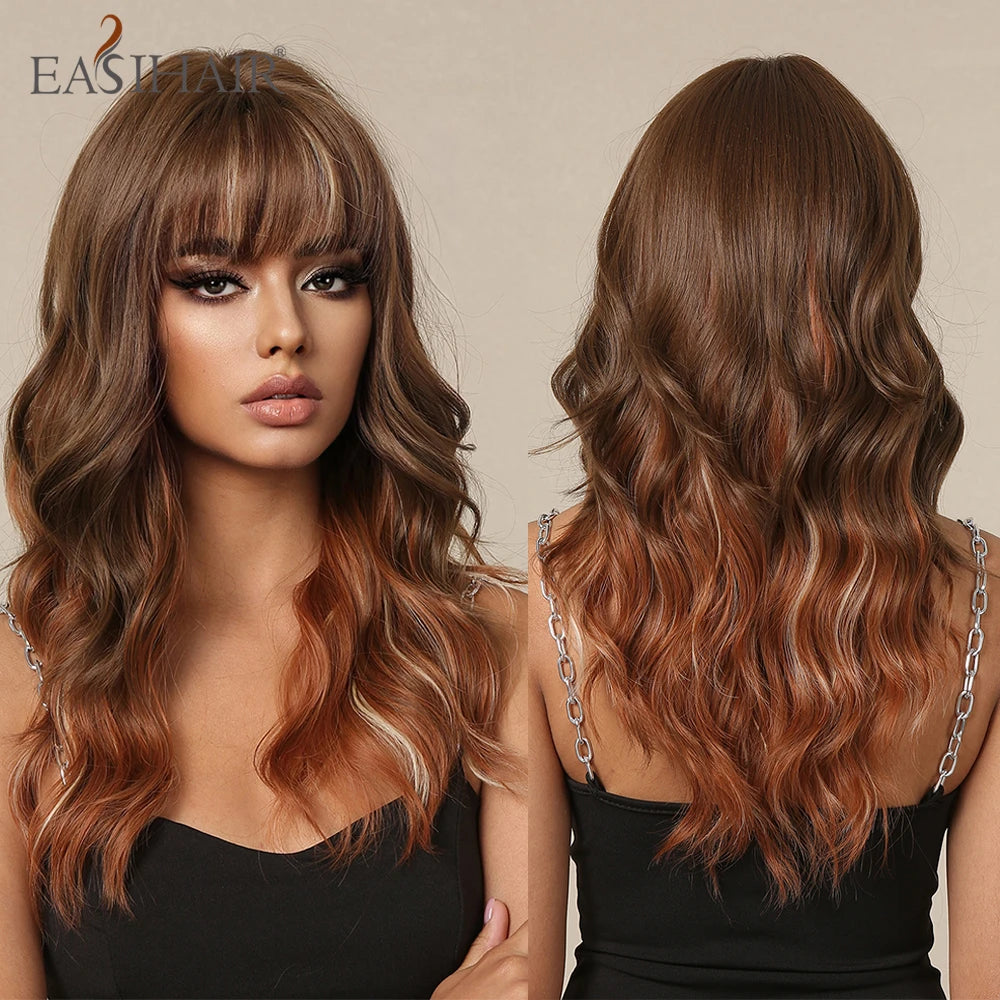 EASIHAIR Brown Mixed Blonde Long Curly Wave Synthetic Wig with Bang for Black Afro Women Daily Cosplay Party Heat Resistant Hair