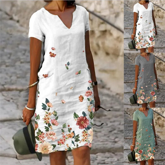 Women's Casual Midi Dresses 2025 Spring New Flower Cotton Linen Short Sleeve Dress Kadın Elbisesi Yazlık Vestidos Elegante Robe