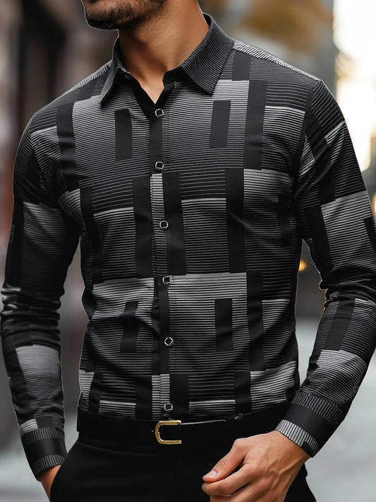 Men's Slim Fit Geometric Print Shirt Machine Washable, Classic Collar & Button-Up Front, All-Season Versatile Office Casual Wear