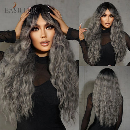 EASIHAIR Brown Mixed Blonde Long Curly Wave Synthetic Wig with Bang for Black Afro Women Daily Cosplay Party Heat Resistant Hair