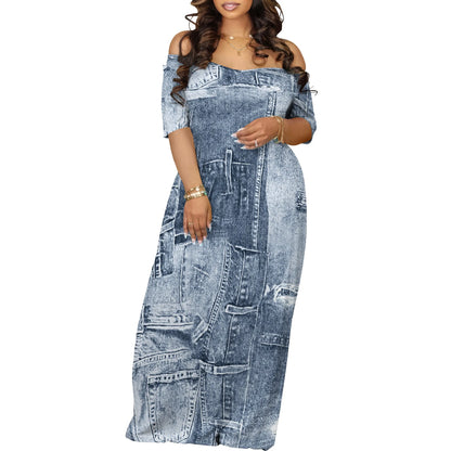 Women's Fashion  Printed Short Sleeve Long Summer Dress Sexy Off Shoulder Backless