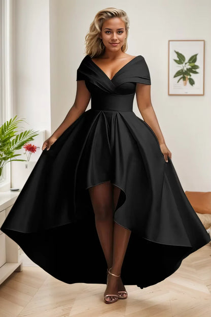 Elegant Party Club Evening Dress for Women Irregular Hem Pleated A-Line Solid Sexy V-Neck High Waist Plus Size Long Dresses