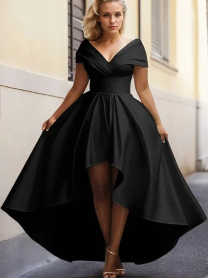 Elegant Party Club Evening Dress for Women Irregular Hem Pleated A-Line Solid Sexy V-Neck High Waist Plus Size Long Dresses